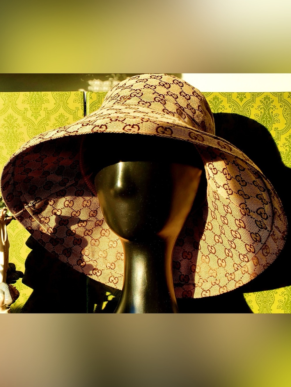 Beige Canvas Large Wide Brim Monogram Bucket Hat Jacquard Sun Coverage Beach - Picture 9 of 16